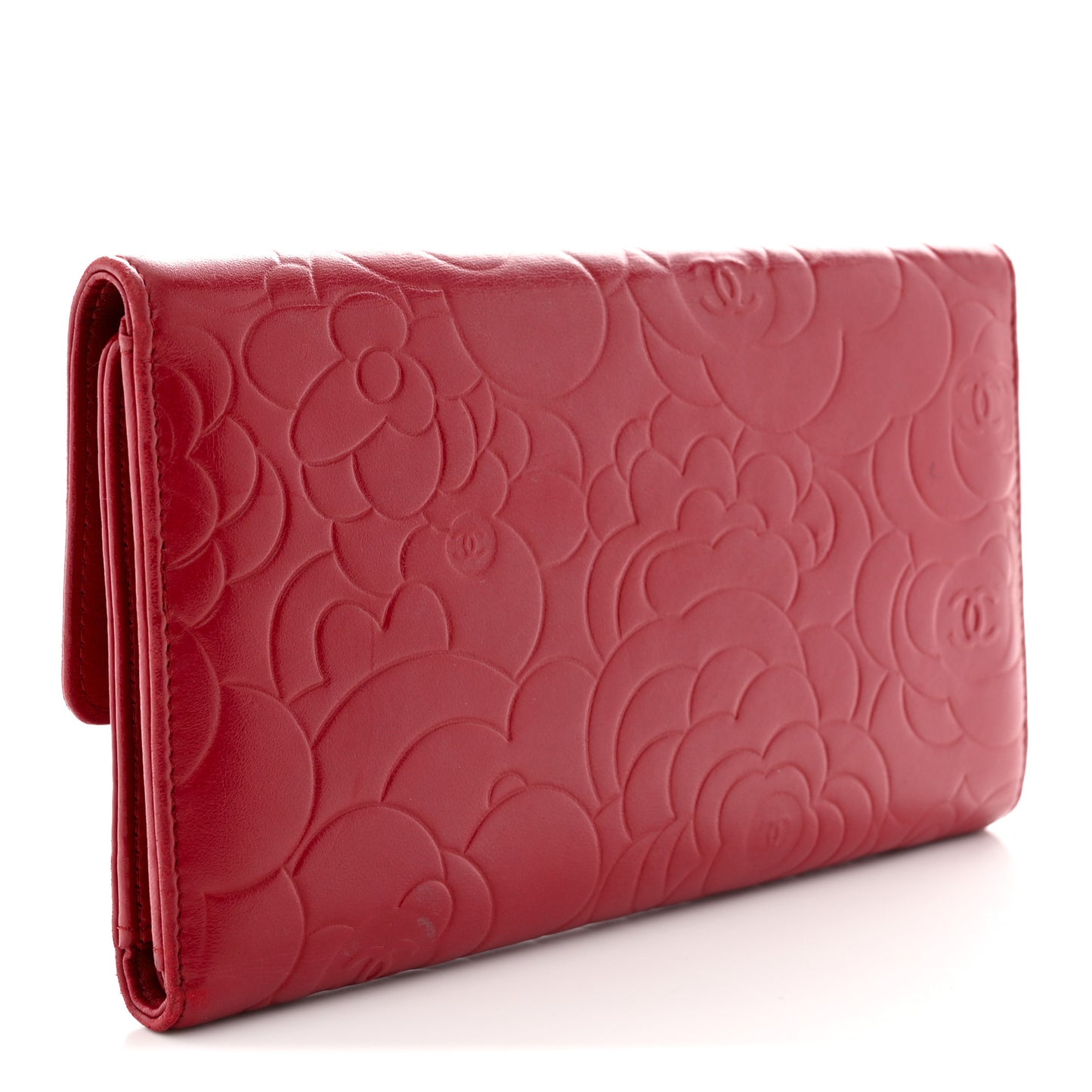 Lambskin Camellia Embossed Flap Wallet Red