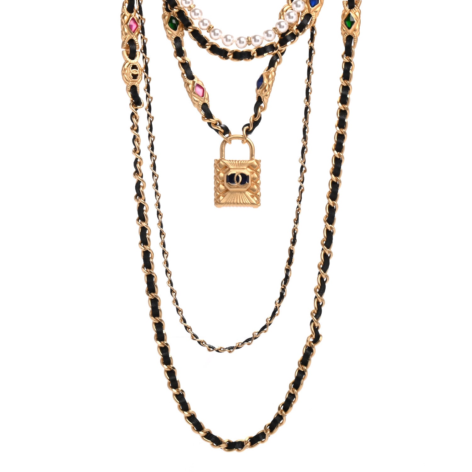 Chanel Calfskin Pearl Gripoix CC Lock Chain Necklace Black Gold Multicolor 1 of 5