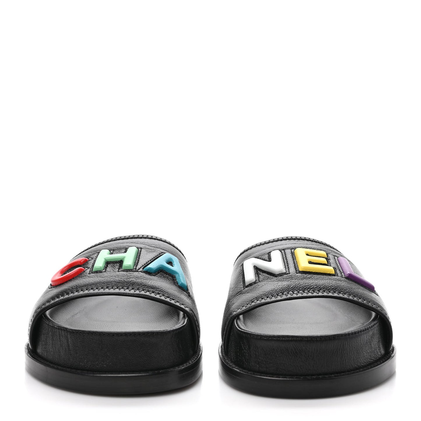 Lambskin Cha-Nel Mule Sandals 37.5 Black Multicolor