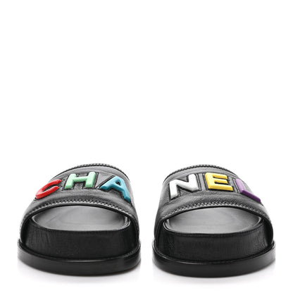 Chanel Lambskin Cha-Nel Mule Sandals 37.5 Black Multicolor 2 of 10