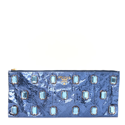 Prada Metallic Snakeskin Jeweled Clutch Denim 1 of 9