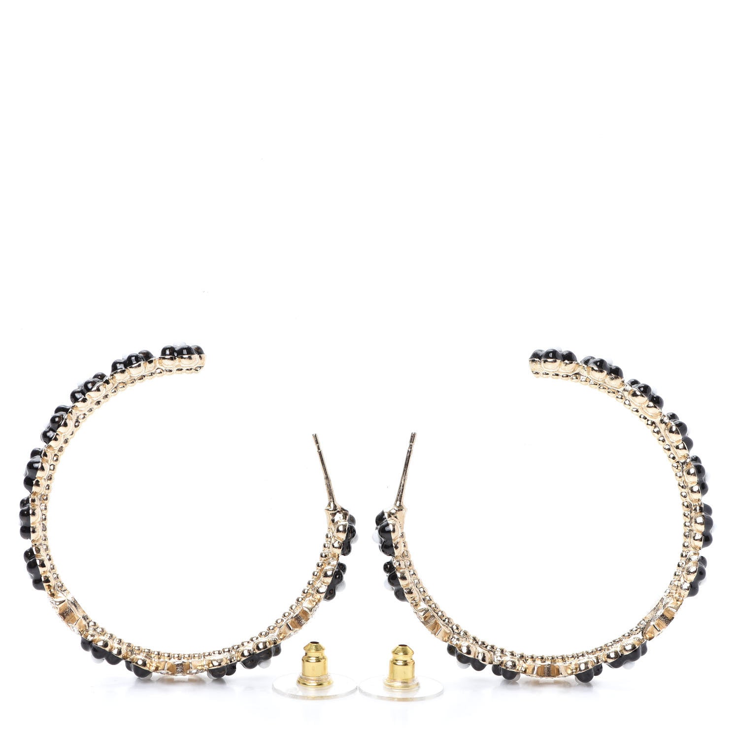 Chanel Metal Strass Crystal Flower CC Hoop Earrings Gold Black White 3 of 4