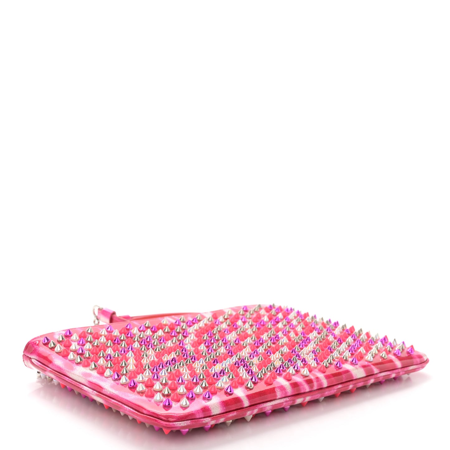 CHRISTIAN LOUBOUTIN Patent Glittart Studded Loubiposh Chain Clutch Shocking Pink