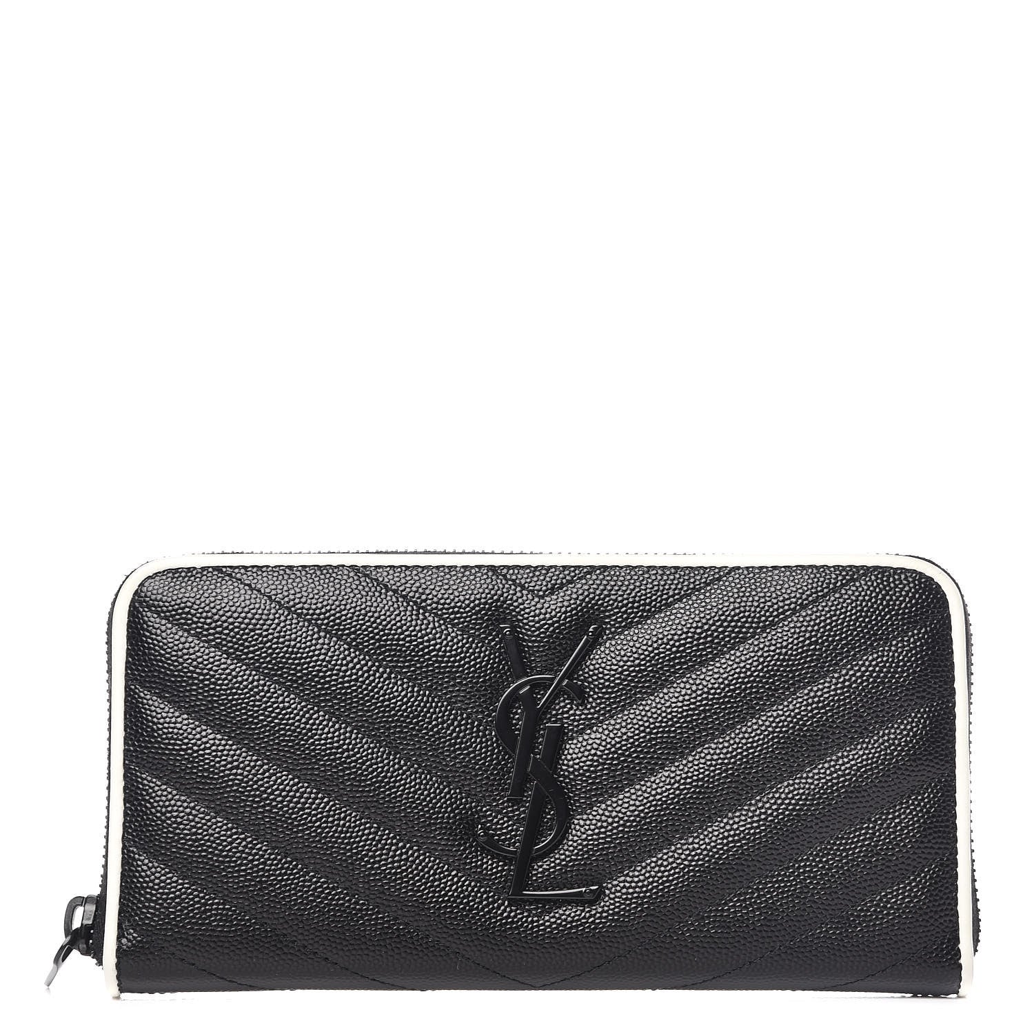 Saint Laurent Grain De Poudre Matelasse Chevron Monogram Zip Around Wallet Black Dove White 1 of 10