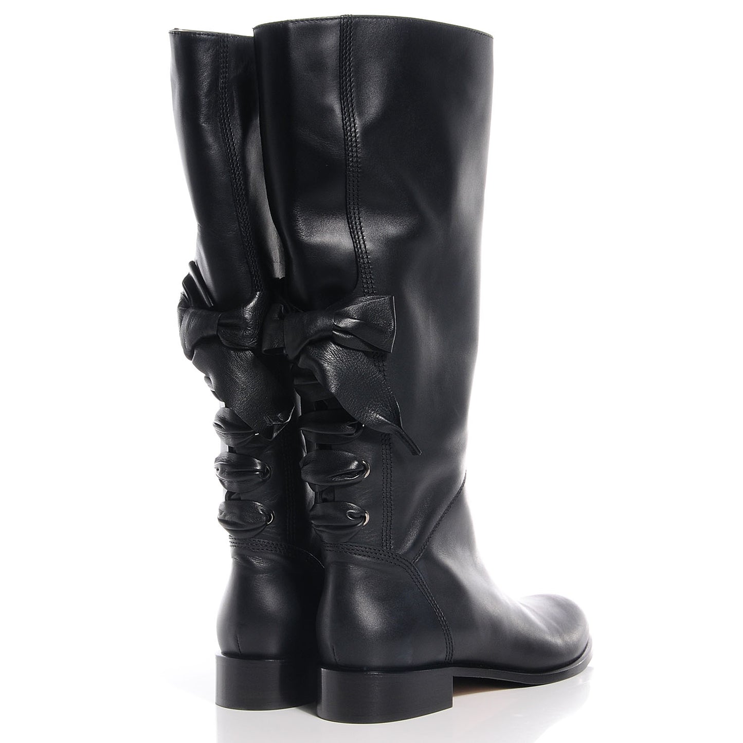 Soft Nappa Leather Ascot Ribbon Lace-Up Riding Boots 40 Black