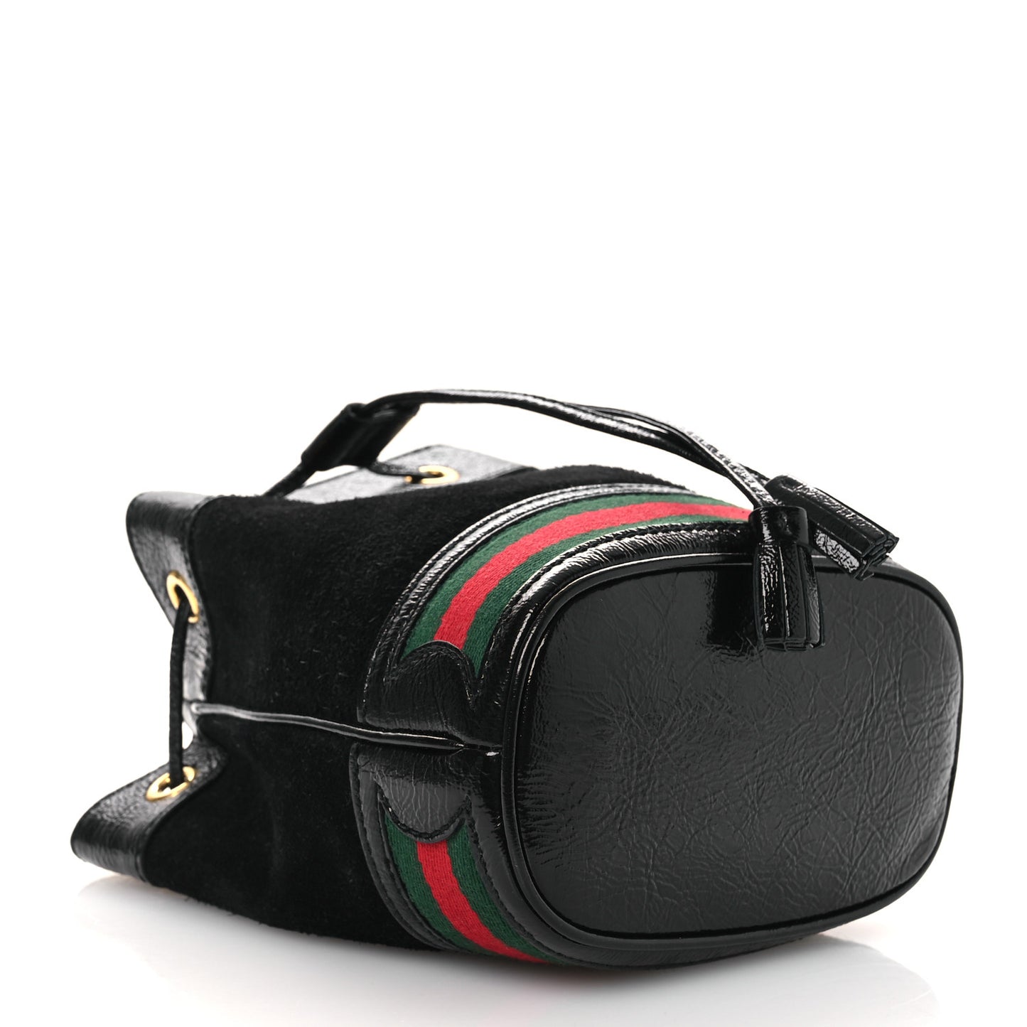 Suede Patent Web Mini Ophidia Bucket Bag Black