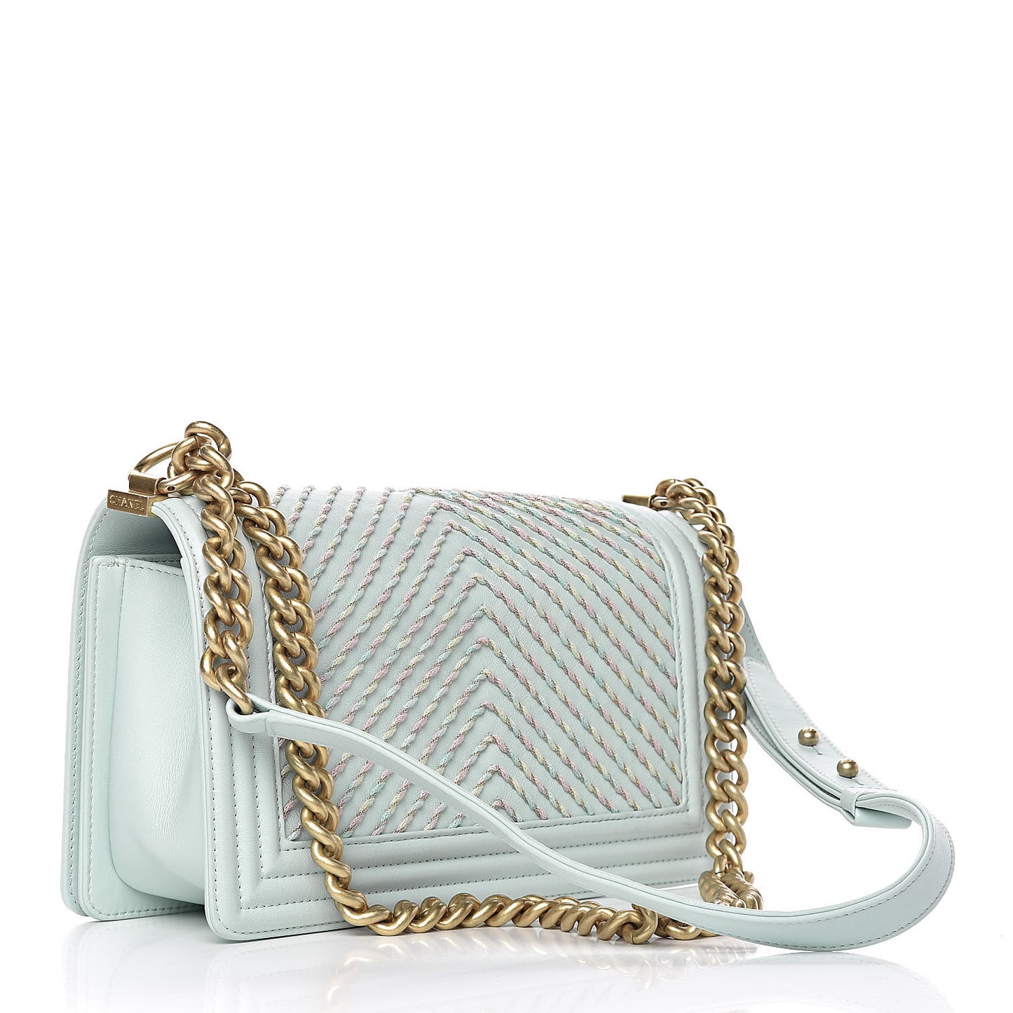 Calfskin Chevron Embroidered Medium Boy By The Sea Flap Light Blue
