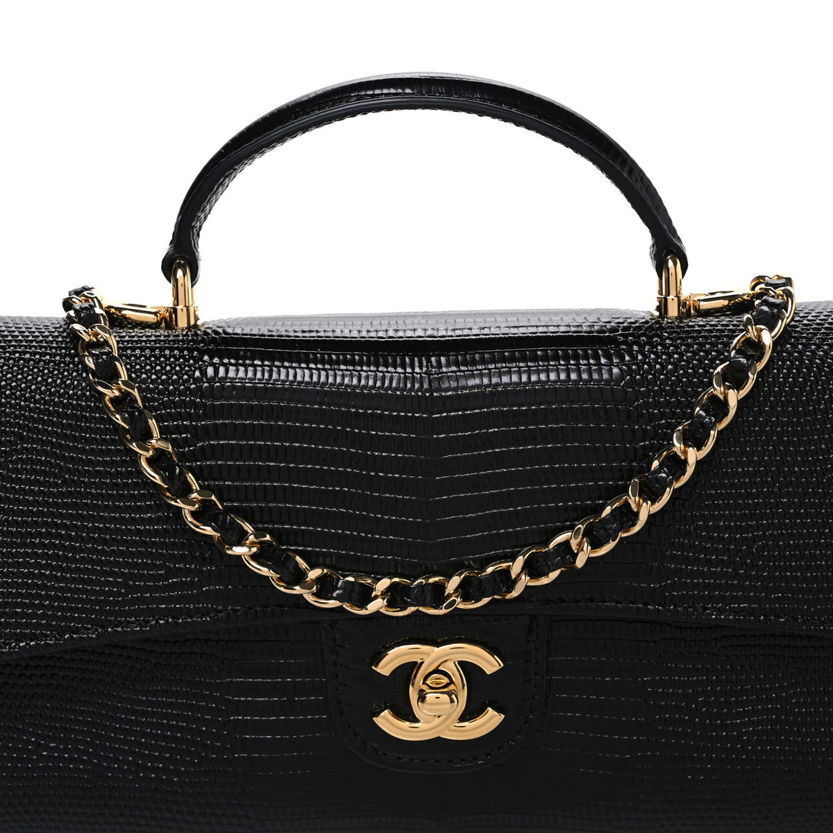 Chanel Calfskin Lizard Embossed Top Handle Long Clutch With Chain Black 9 of 12