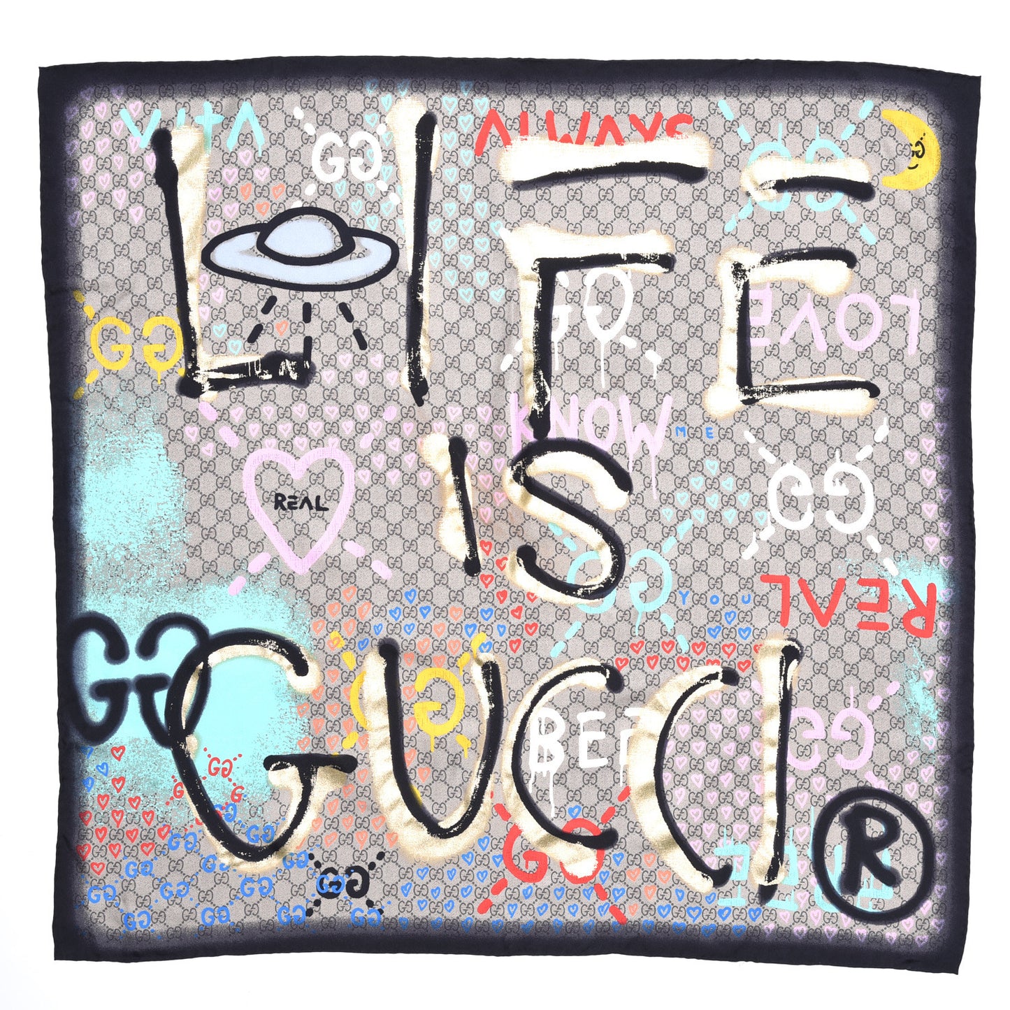 Silk Twill GG Monogram Life is Gucci Square Scarf Multicolor