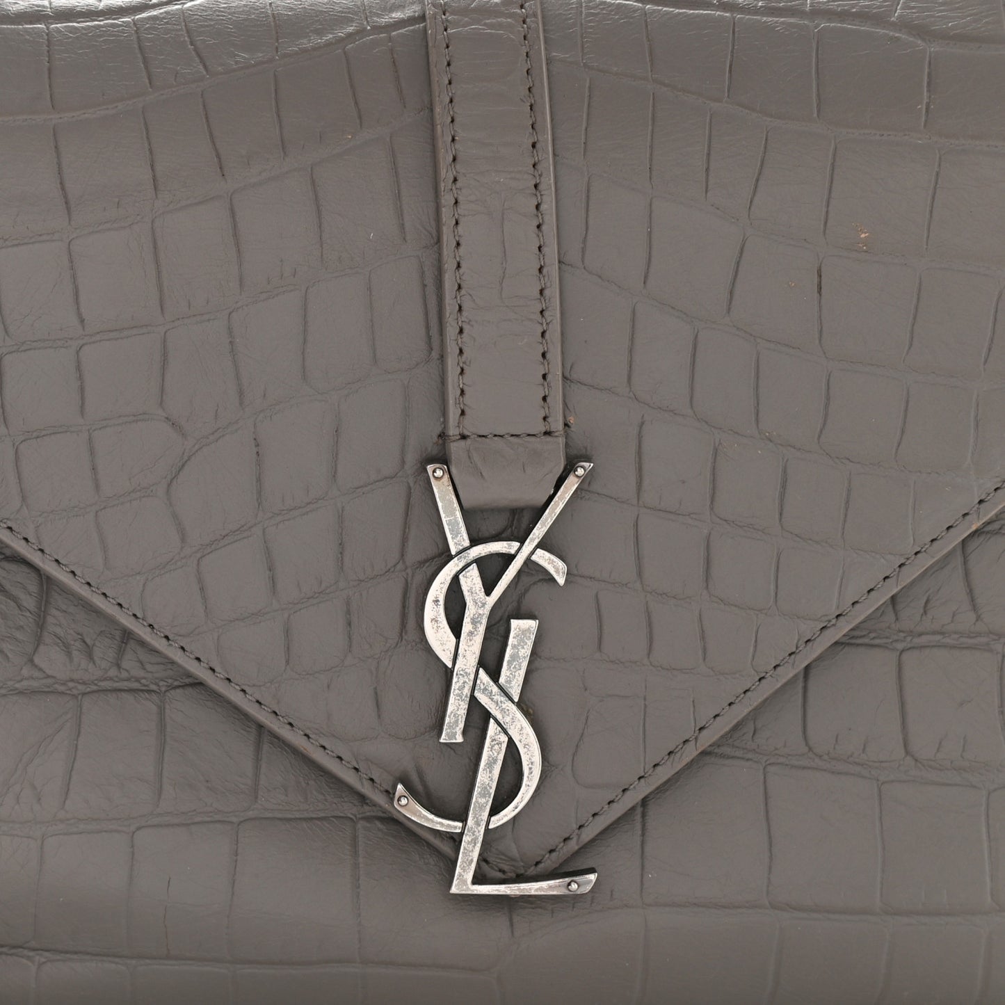 Calfskin Crocodile Embossed Medium College Monogram Satchel Gray