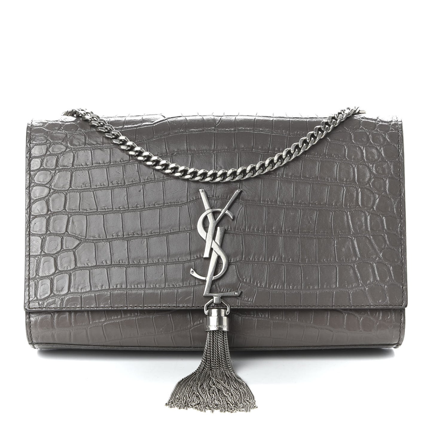 Calfskin Crocodile Embossed Medium Classic Monogram Kate Tassel Satchel Fog