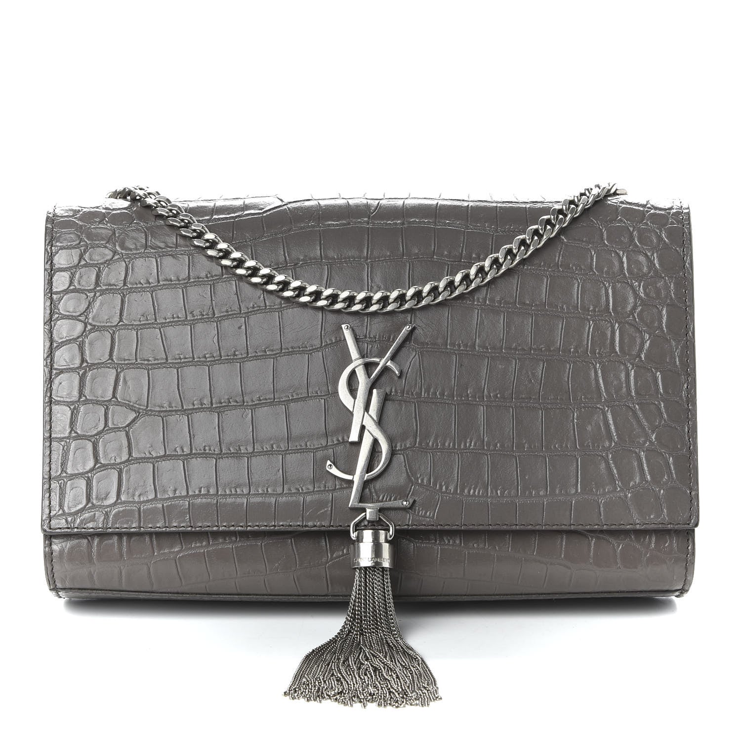 Saint Laurent Calfskin Crocodile Embossed Medium Classic Monogram Kate Tassel Satchel Fog 1 of 9