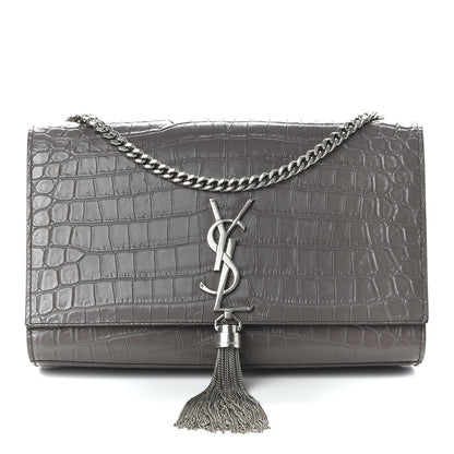 Saint Laurent Calfskin Crocodile Embossed Medium Classic Monogram Kate Tassel Satchel Fog 1 of 9