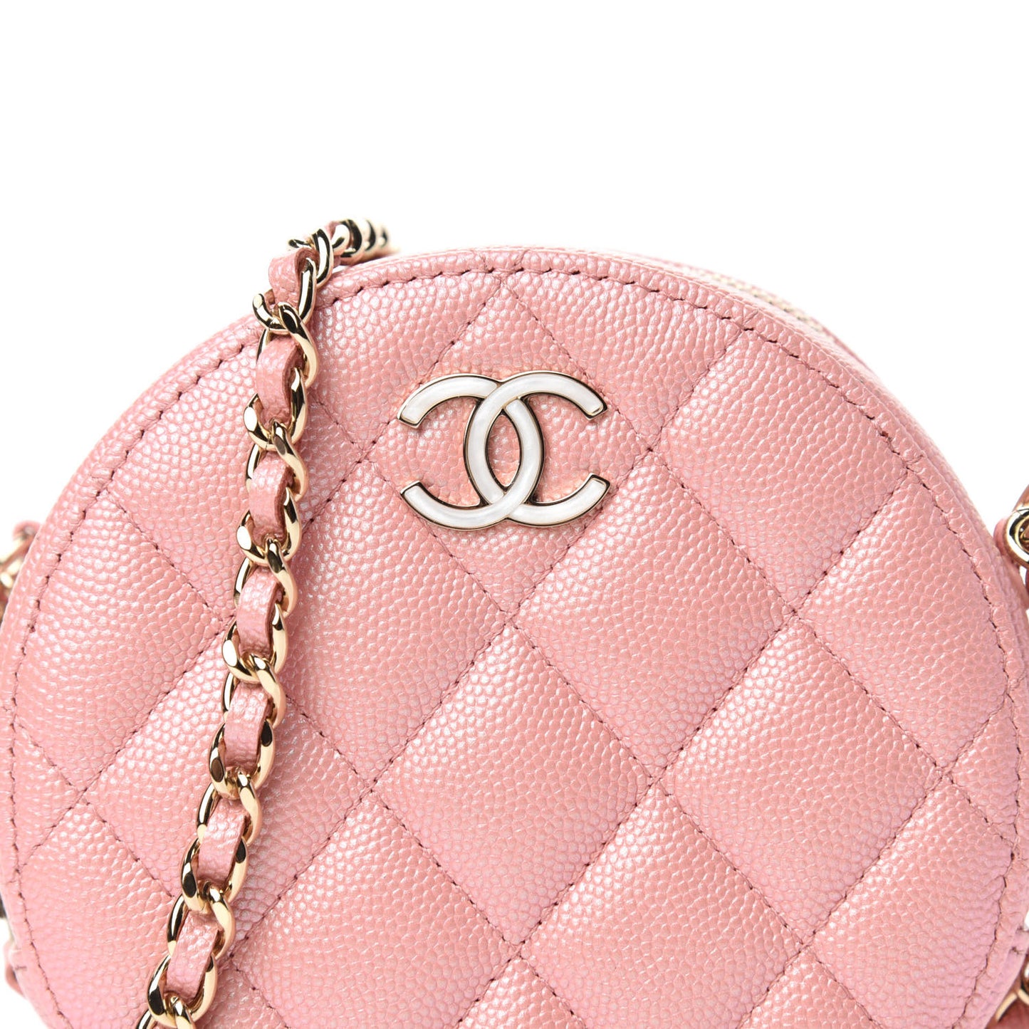 Iridescent Caviar Resin Quilted Round Clutch With Chain Pink