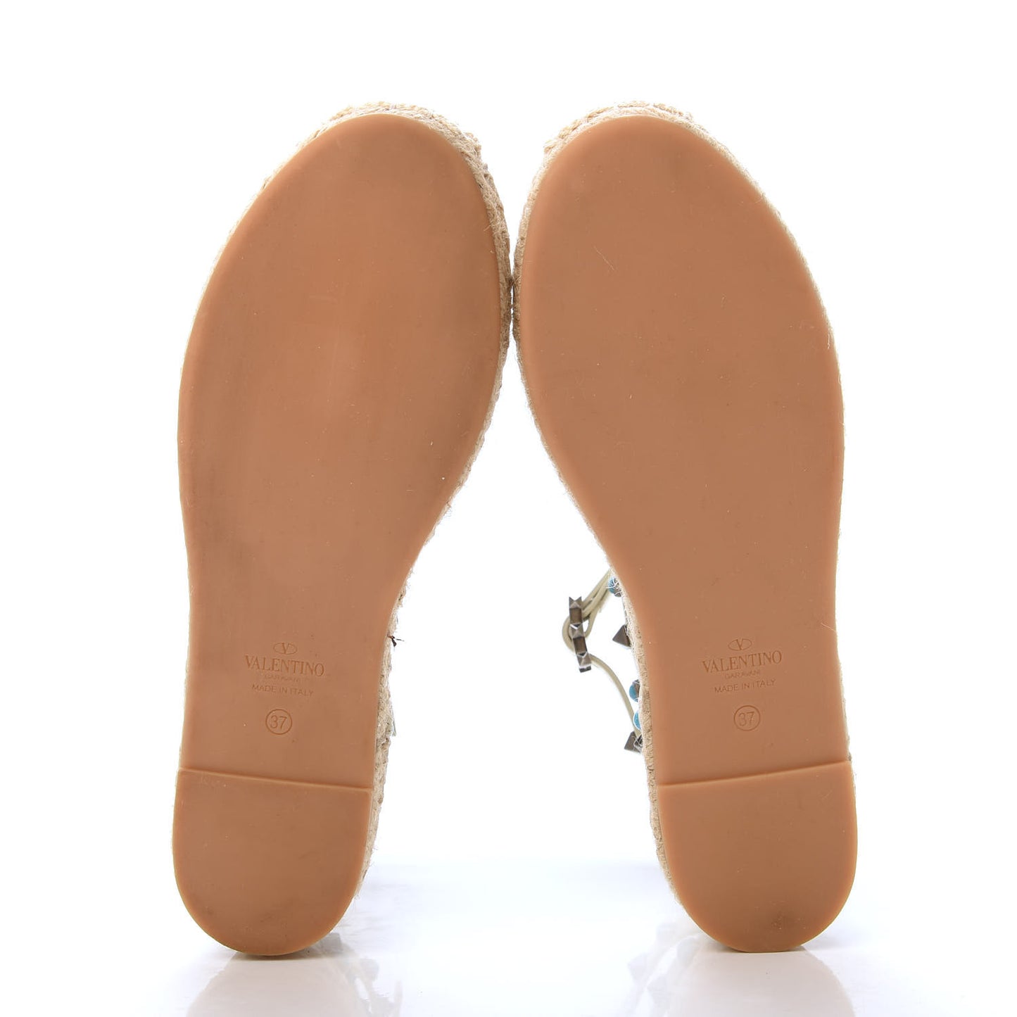 Grained Calfskin Turquoise Rockstud Rolling Ankle Wrap Espadrille 20mm Flats 37 Light Ivory Natural