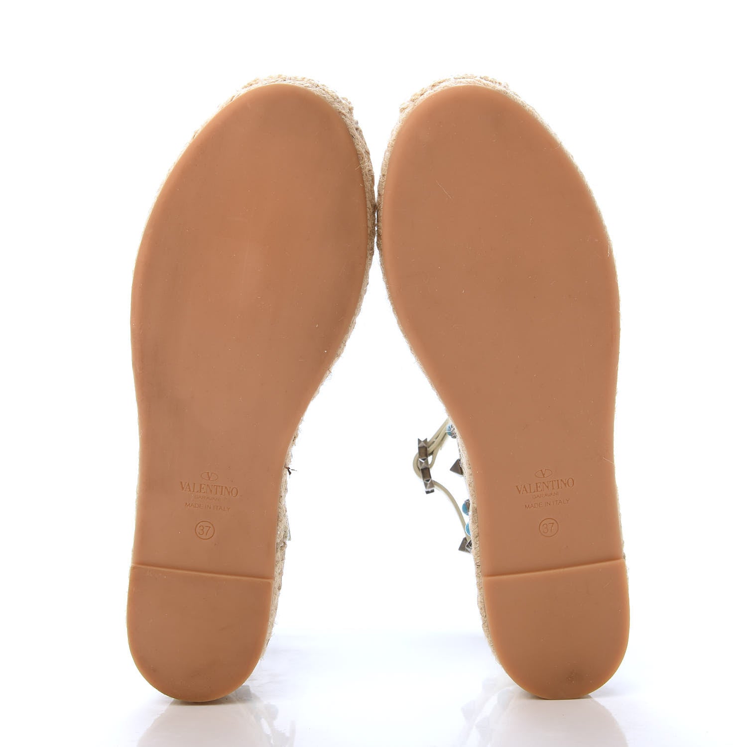 Valentino Garavani Grained Calfskin Turquoise Rockstud Rolling Ankle Wrap Espadrille 20mm Flats 37 Light Ivory Natural 5 of 8