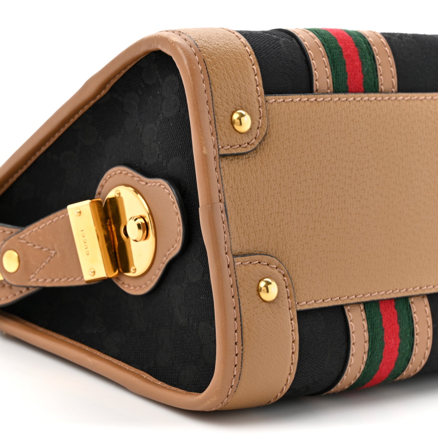 Gucci Monogram Textured Dollar Calfskin Web Small Bauletto Duffle Top Handle Bag Black Koi Beige 10 of 15