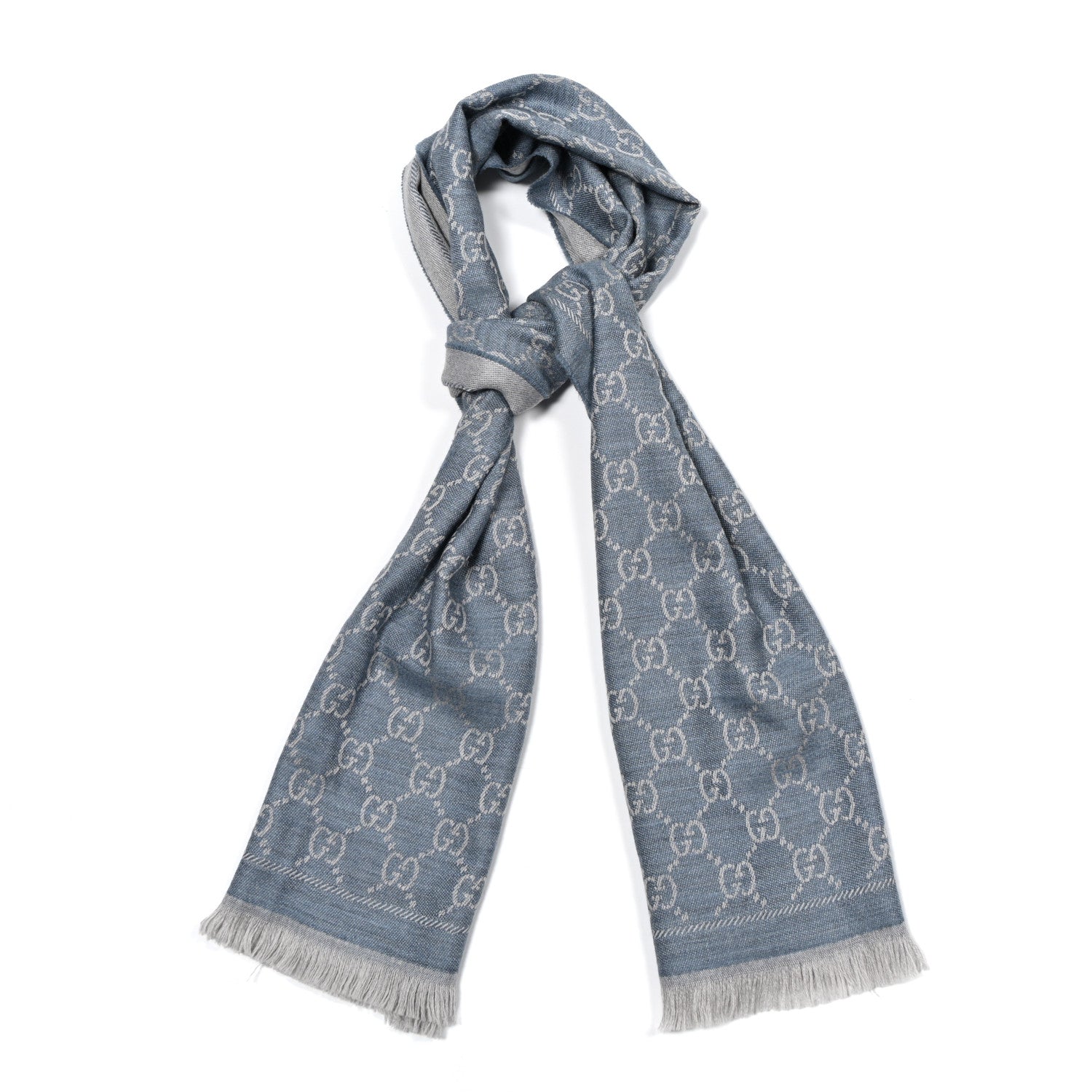 Gucci Wool Jacquard GG Monogram Sten Fringe Scarf Light Blue 1 of 3