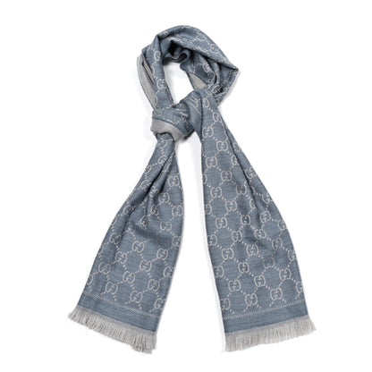 Gucci Wool Jacquard GG Monogram Sten Fringe Scarf Light Blue 1 of 3