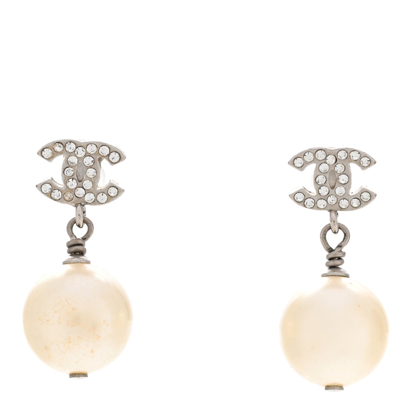 Crystal Pearl CC Drop Earrings Silver Pearly White