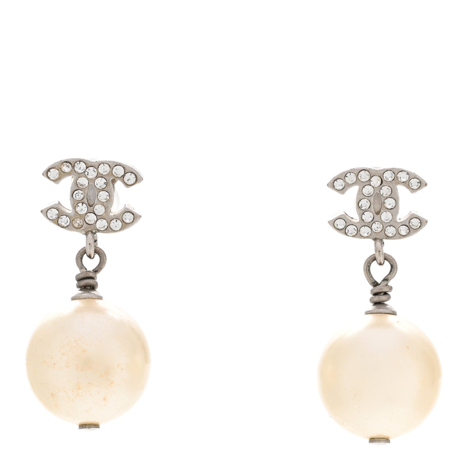 Chanel Crystal Pearl CC Drop Earrings Silver Pearly White 1 of 6