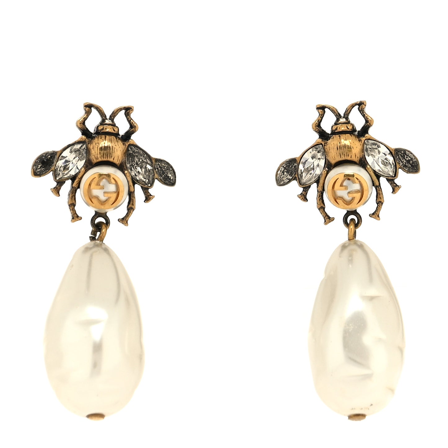 Crystal Pearl Drop Bee Earrings Gold