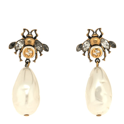 Gucci Crystal Pearl Drop Bee Earrings Gold 1 of 4