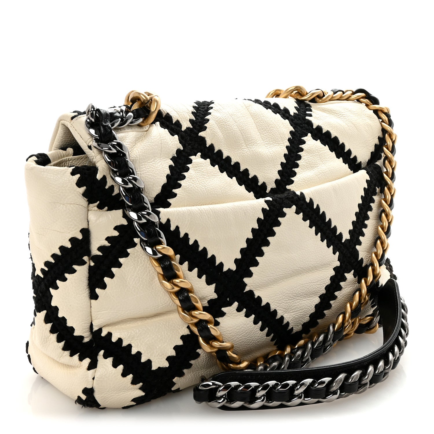 Chanel Calfskin Crochet Large Chanel 19 Flap White Black 3 of 11