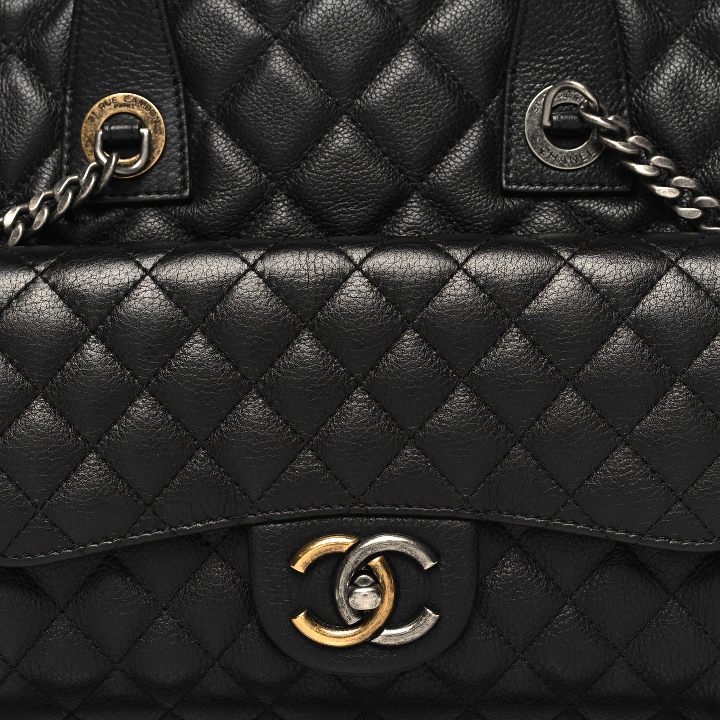 Metallic Grained Calfskin Quilted Large Casual Pocket Tote Black
