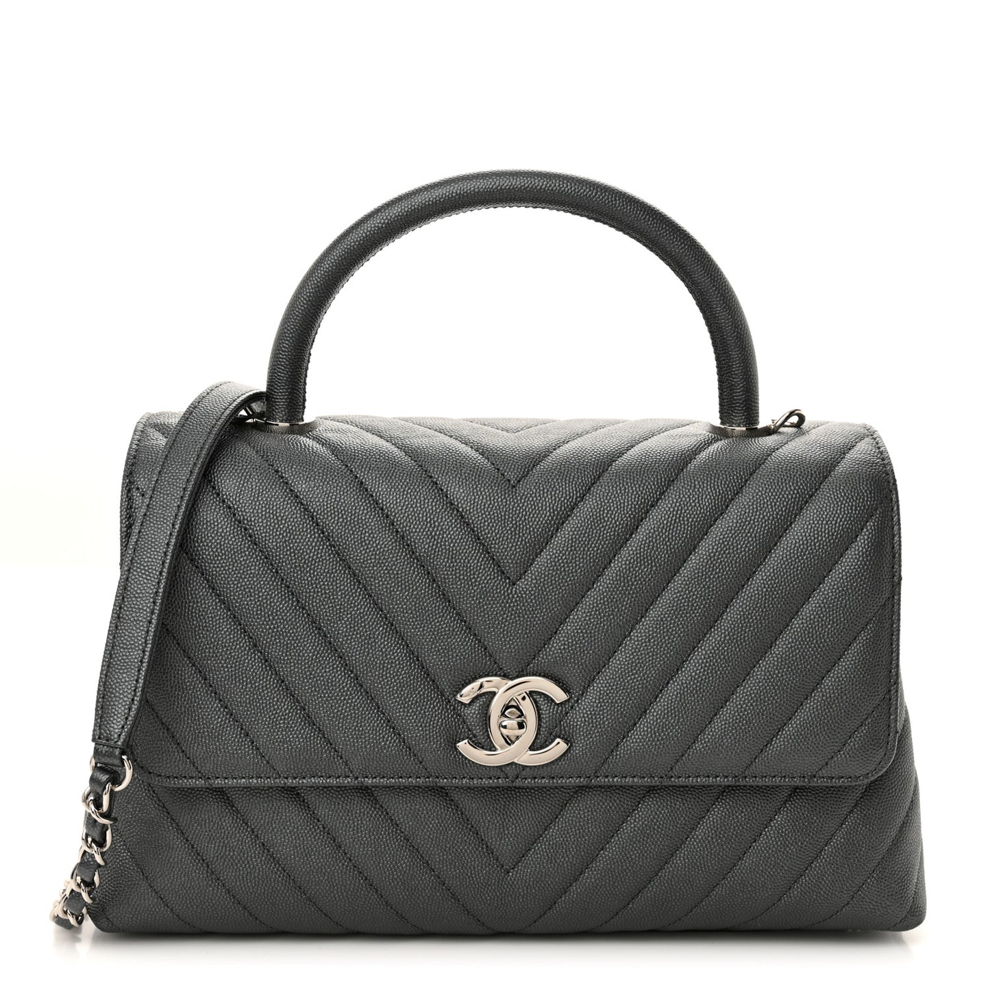 Metallic Caviar Chevron Quilted Small Coco Handle Flap Dark Silver