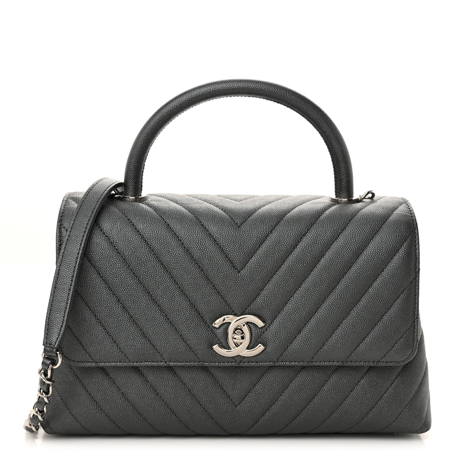 Chanel Metallic Caviar Chevron Quilted Small Coco Handle Flap Dark Silver 1 of 10