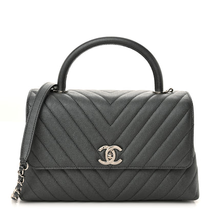 Chanel Metallic Caviar Chevron Quilted Small Coco Handle Flap Dark Silver 1 of 10