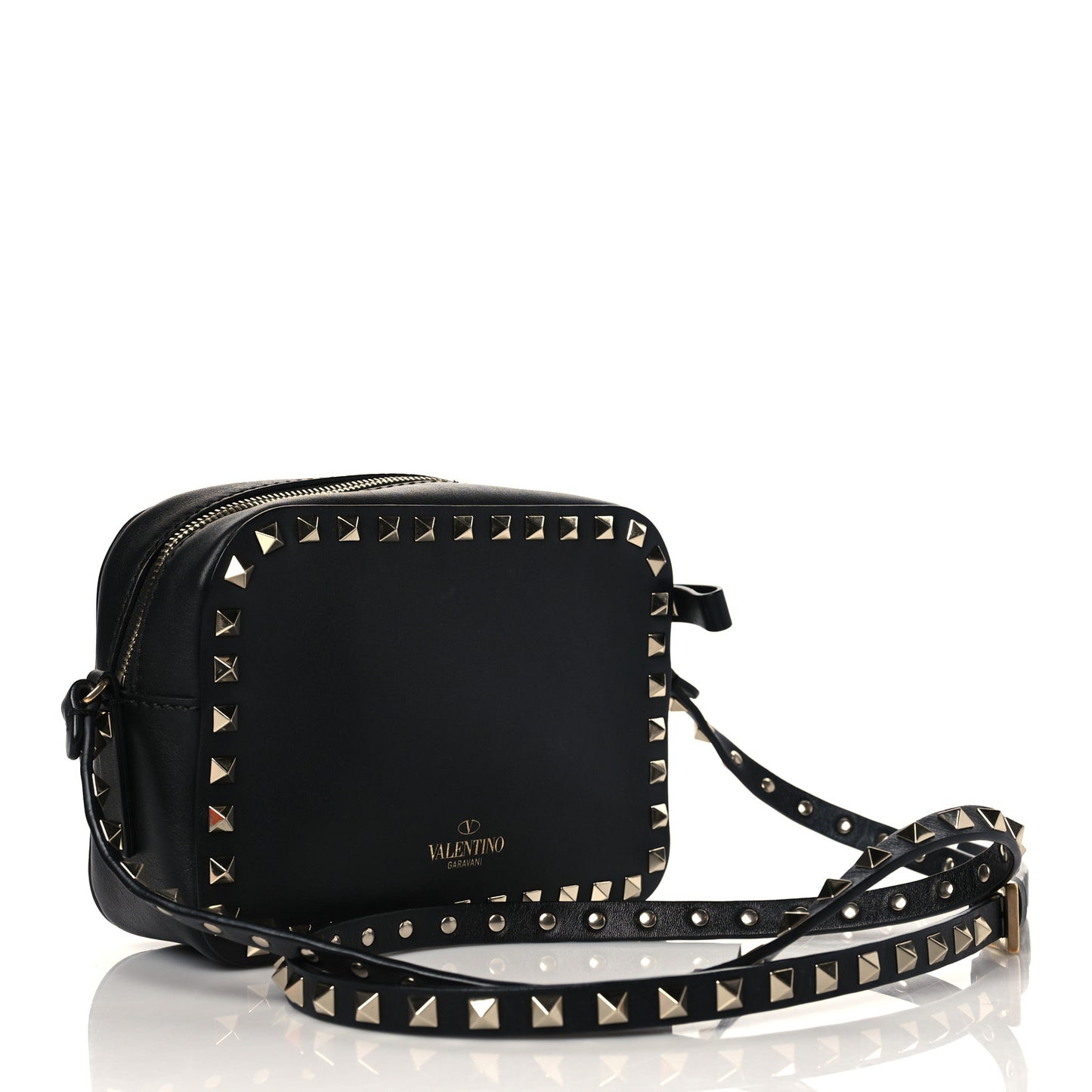 Pebbled Calfskin Rockstud Camera Crossbody Bag Black