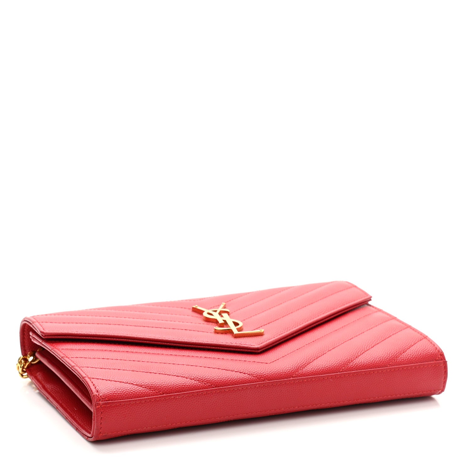 Saint Laurent Grain De Poudre Matelasse Chevron Monogram Chain Wallet New Red 4 of 10