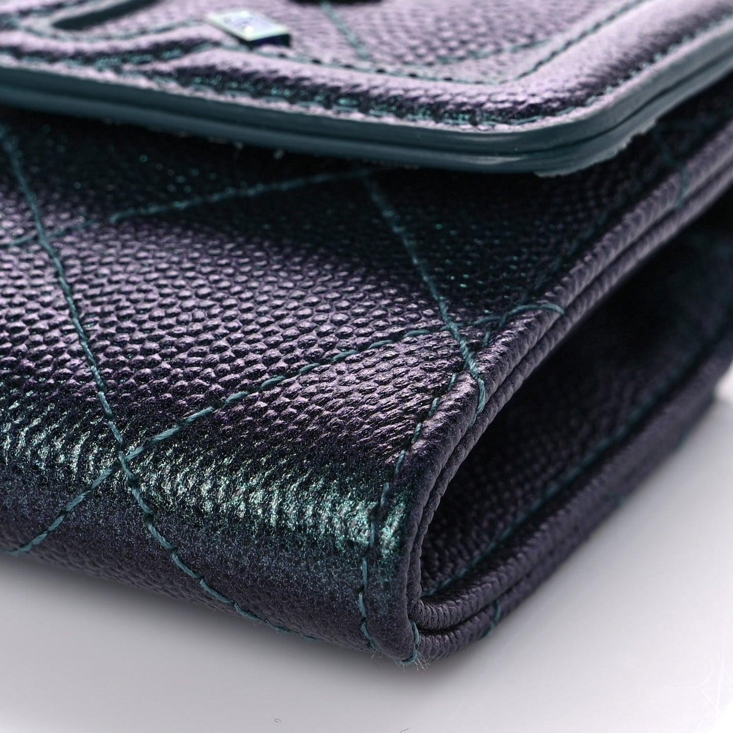 Iridescent Caviar Quilted Filigree Flap Card Holder Dark Turquoise