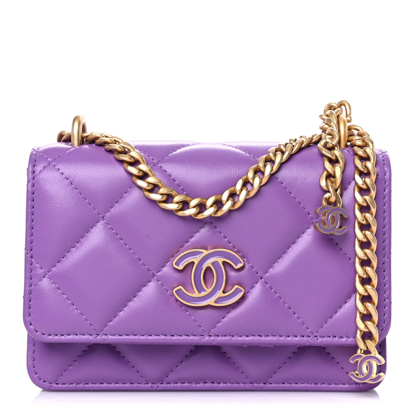 Lambskin Enamel Quilted Pending CC Clutch With Chain Purple