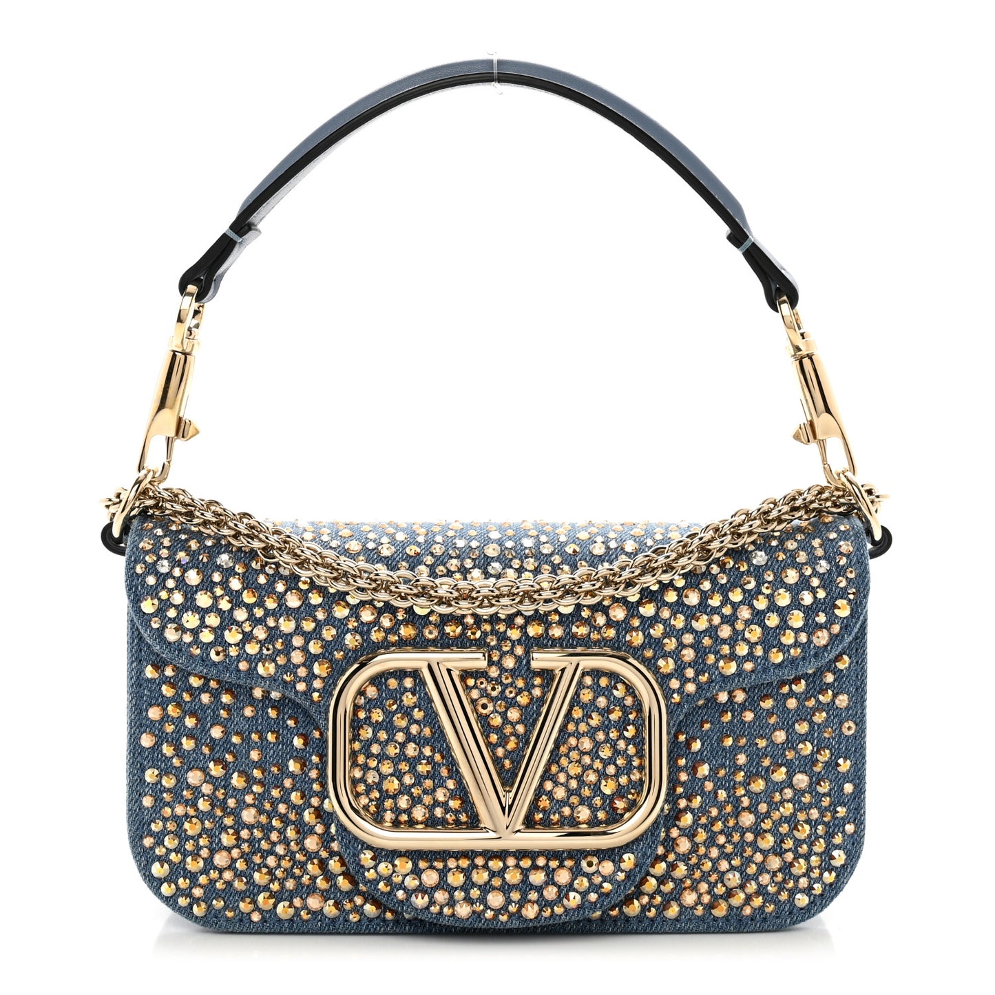 Denim Crystal Vlogo Embroidered Small Loco Shoulder Bag Blue