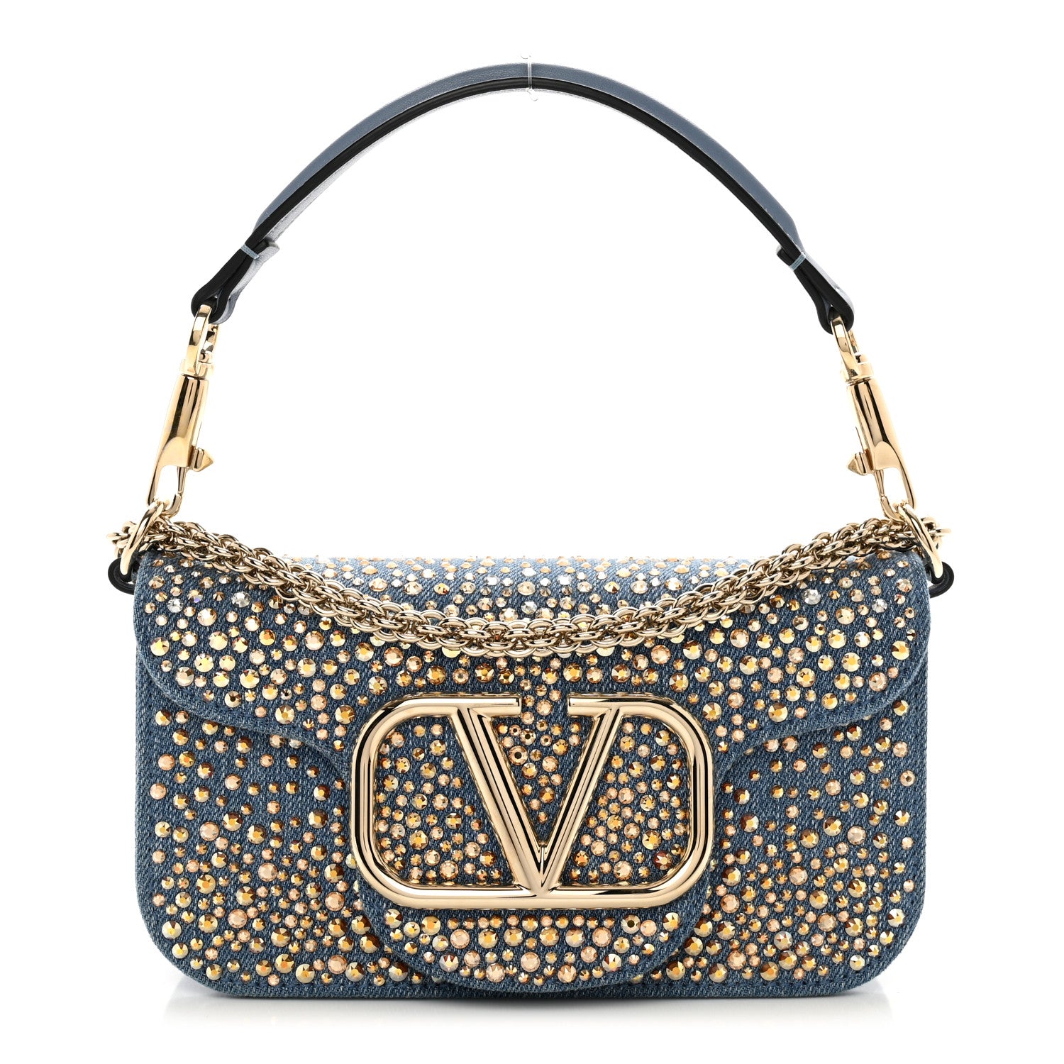 Valentino Garavani Denim Crystal Vlogo Embroidered Small Loco Shoulder Bag Blue 1 of 10
