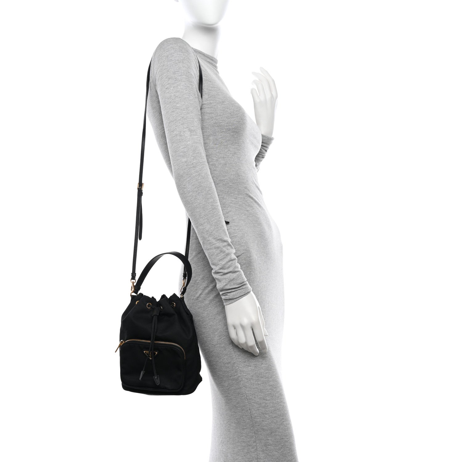 Prada Saffiano Tessuto Nylon Mini Bucket Crossbody Bag Black 2 of 12