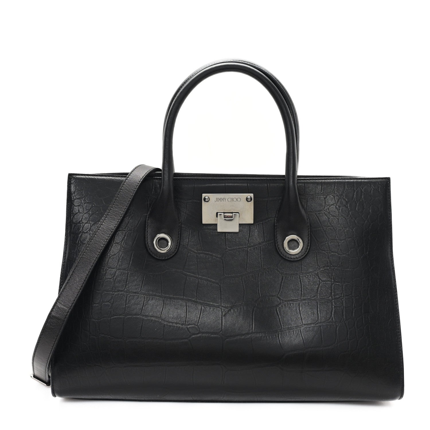Jimmy Choo Crocodile Embossed Calfskin Riley Tote Black 1730009