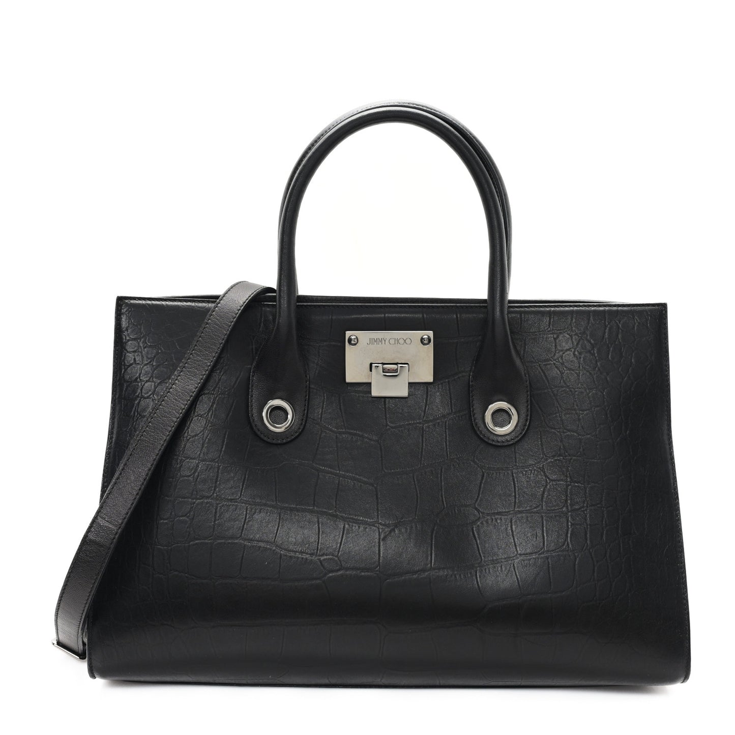 Crocodile Embossed Calfskin Riley Tote Black