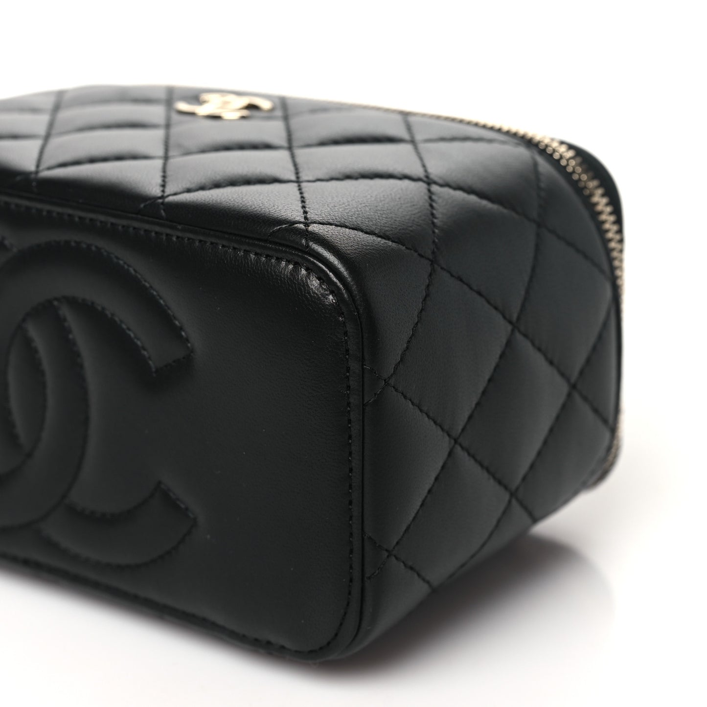 Lambskin Quilted Small Top Handle Vanity Case With Chain Black