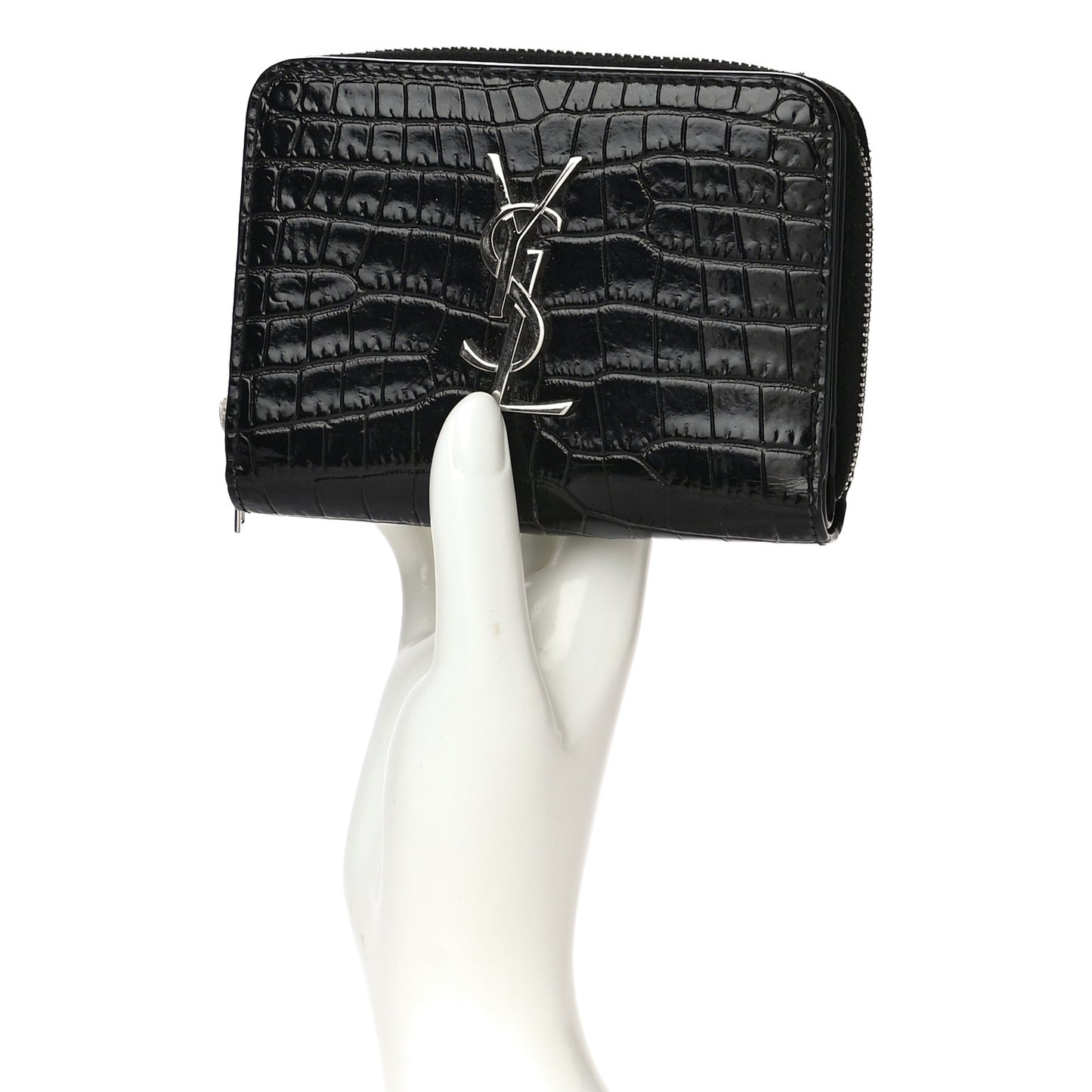 Calfskin Crocodile Embossed Monogram Compact Wallet Black