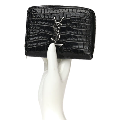 Saint Laurent Calfskin Crocodile Embossed Monogram Compact Wallet Black 2 of 13