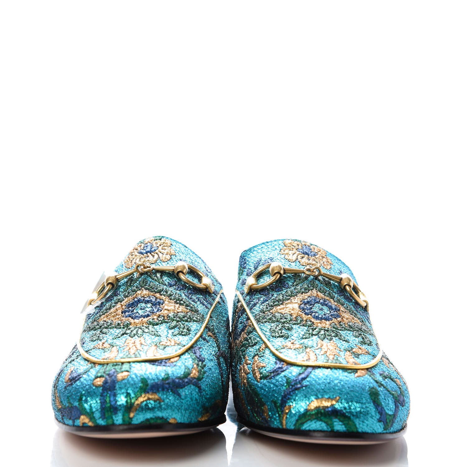 Gucci Iridescent Brocade Womens Princetown Slippers 35.5 Azure Multicolor Oro 2 of 9