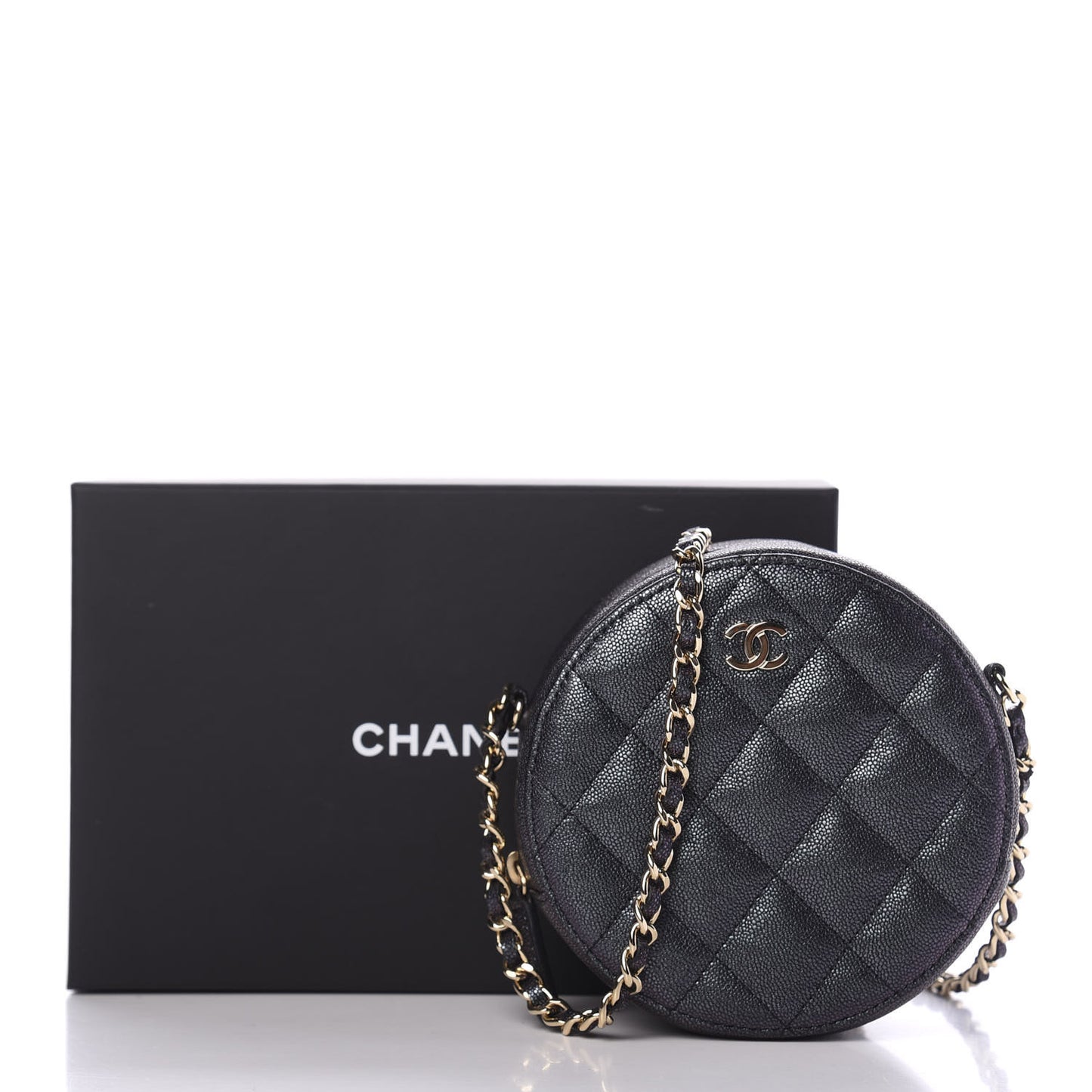 Iridescent Caviar Quilted Round Clutch With Chain Black
