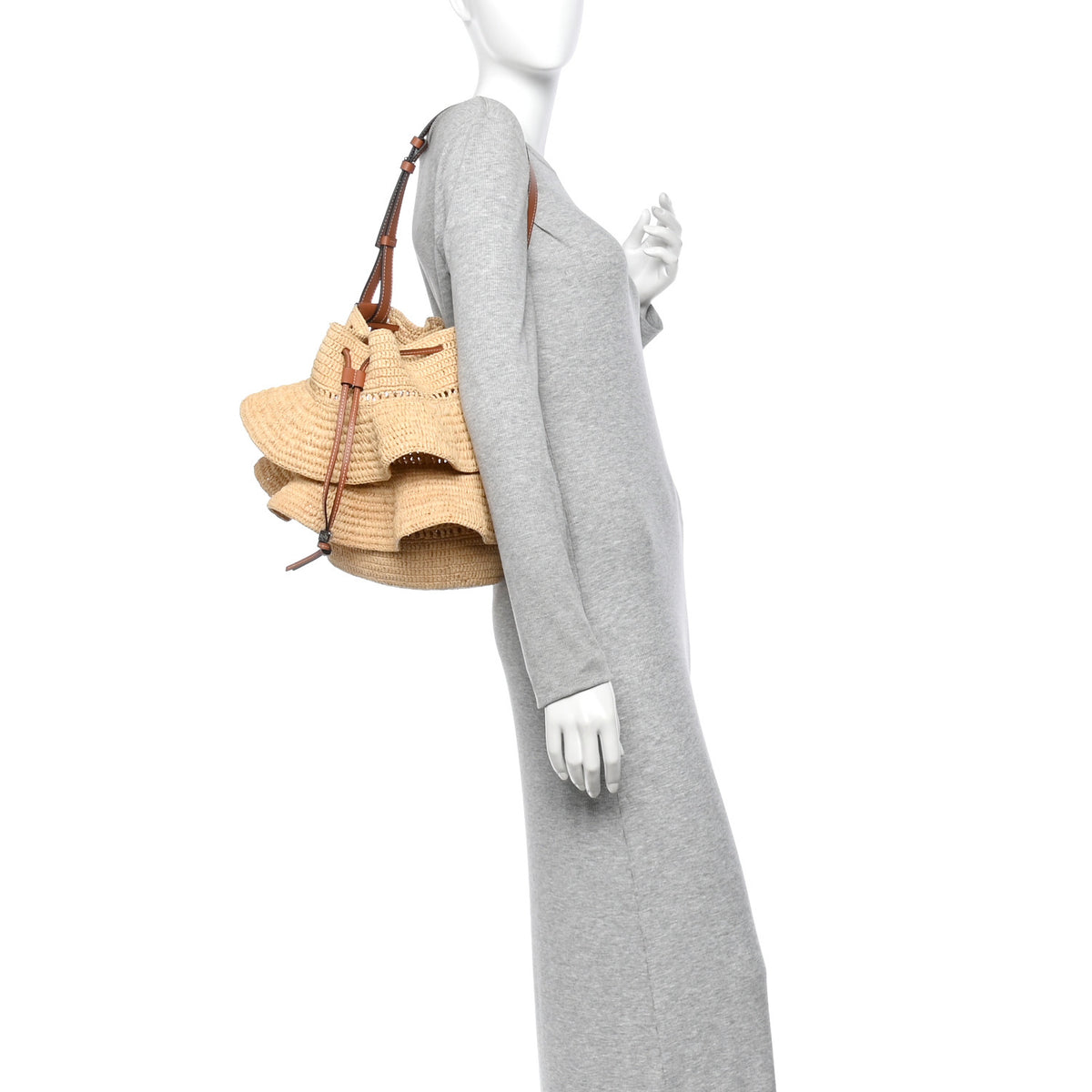 Loewe Raffia Calfskin Balloon Ruffles Bucket Bag Natural Tan 2 of 11