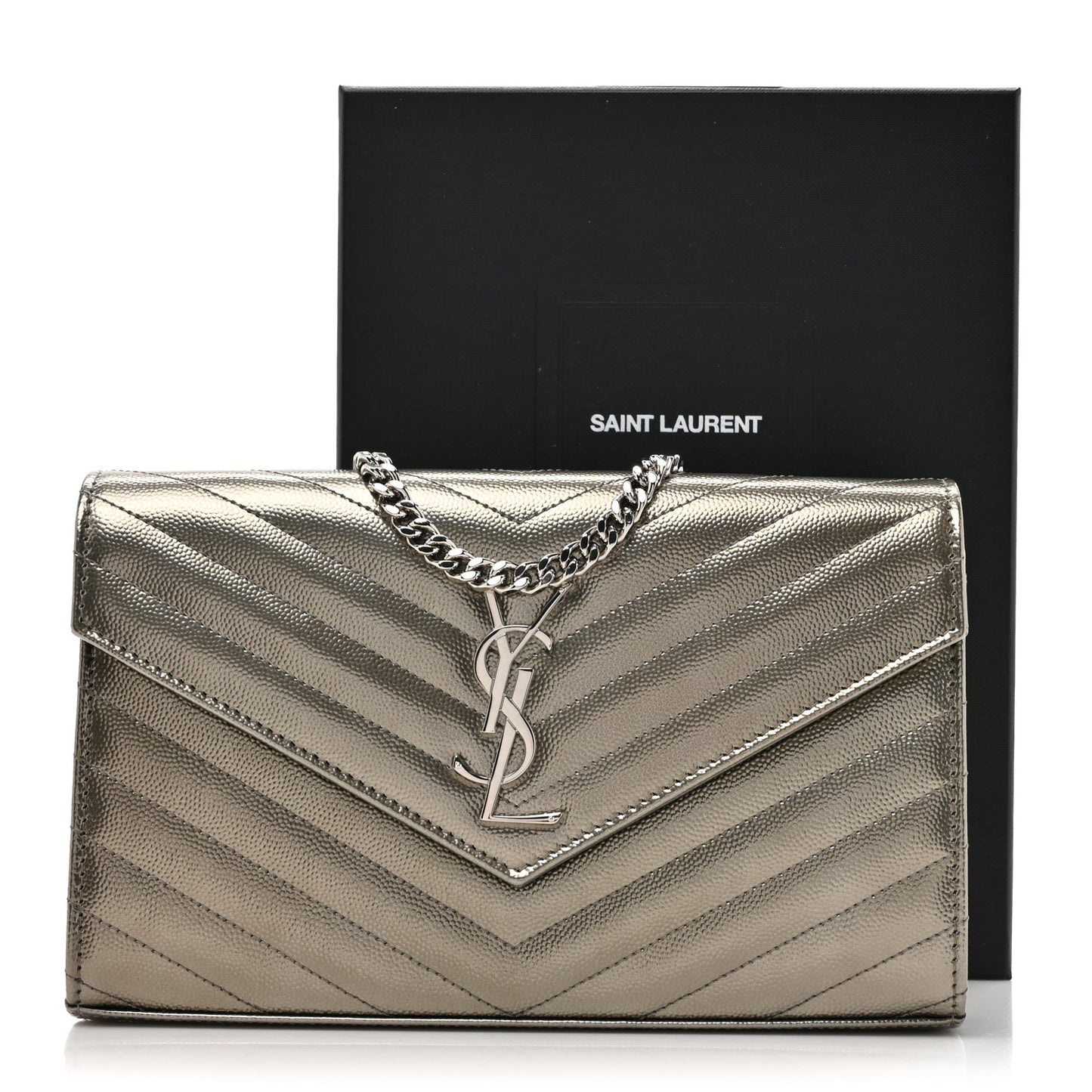 Metallic Grain De Poudre Matelasse Chevron Monogram Chain Wallet Piombo