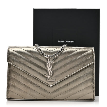 Saint Laurent Metallic Grain De Poudre Matelasse Chevron Monogram Chain Wallet Piombo 12 of 12