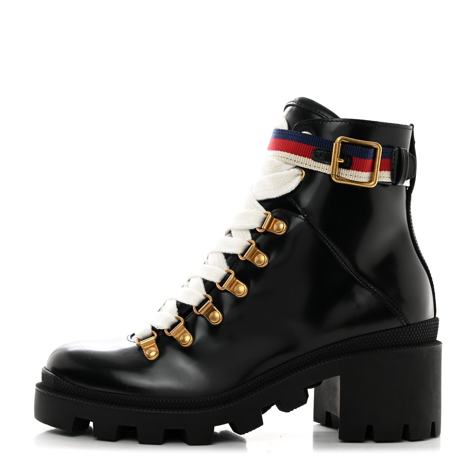 Gucci Calfskin Sylvie Web Womens Lace Up Combat Boots 36 Black 1 of 9